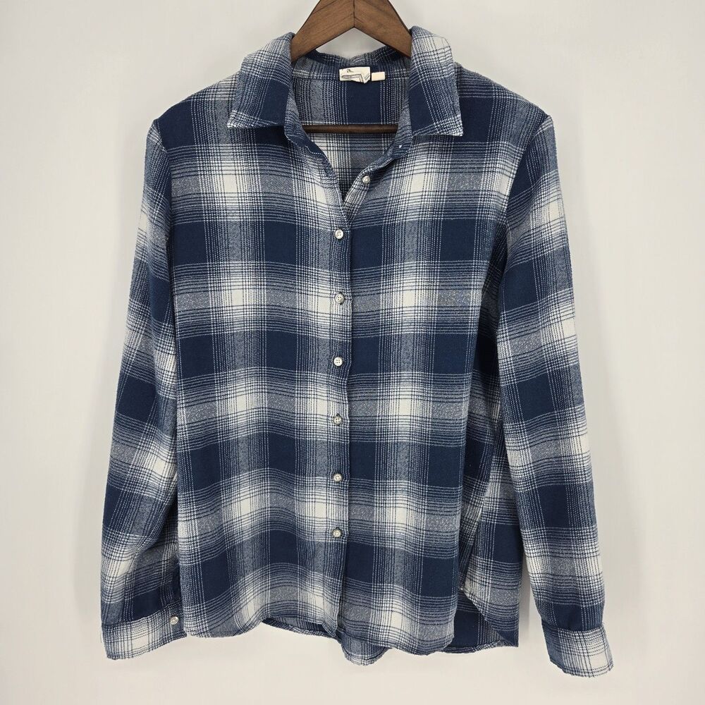 White Crow Blue Plaid Button Front Flannel Large